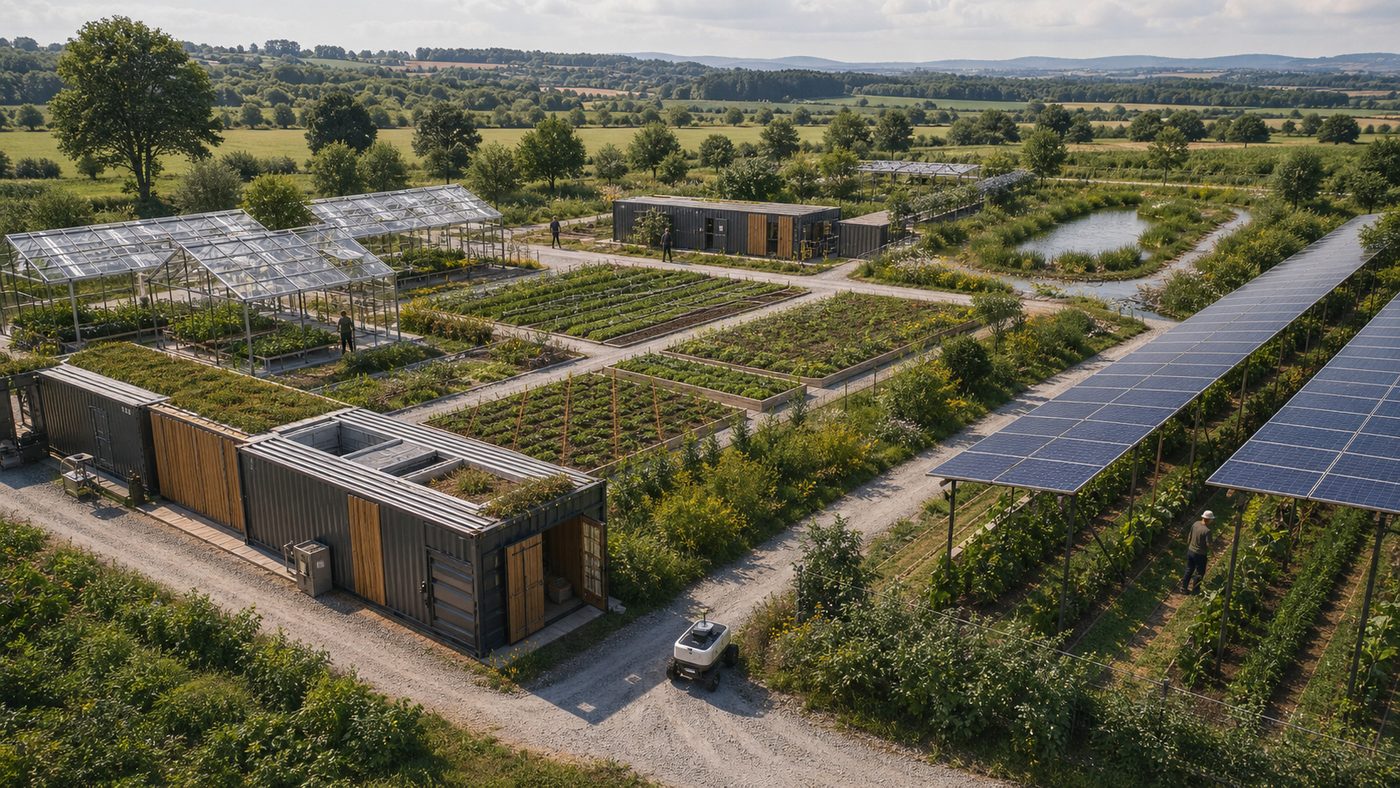 Konzeptvisualisierung eines EcoTechFarms-Standorts mit Anbauzellen, Freiland-Bändern und Versorgungsachse.