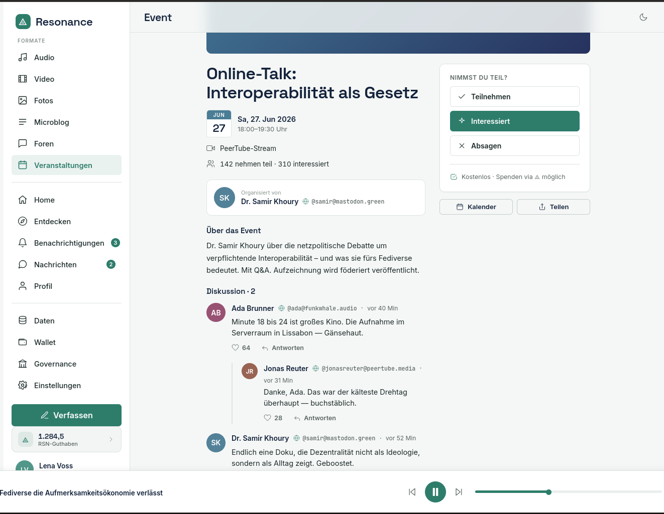 Veranstaltungsseite mit Zu- und Absage, Stream-Anbindung und Diskussionsstrang.